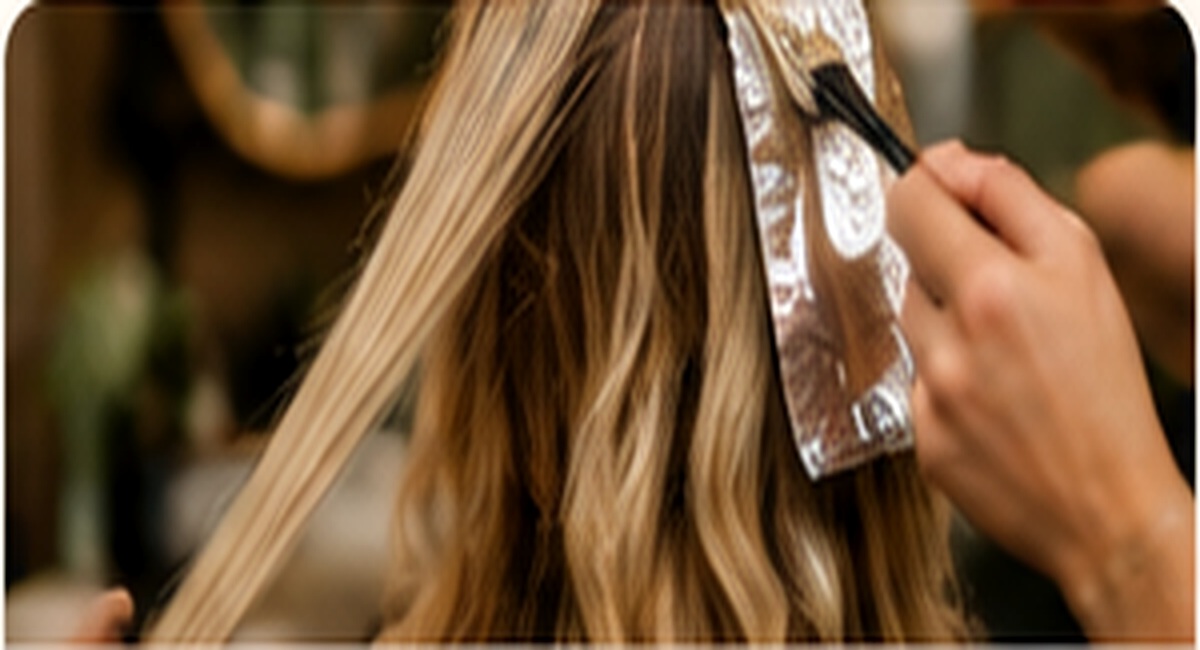 Close-up of dimensional blonding and hair foils