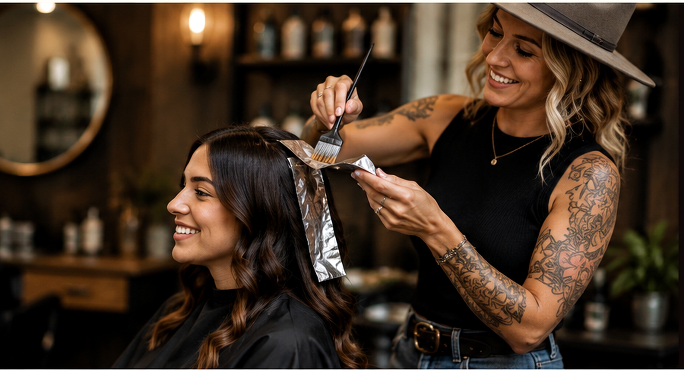 Stylist applying color to a smiling salon guest in a warm mountain salon